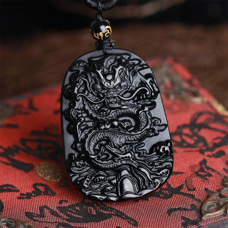 Natural Black Obsidian Dragon Protection Necklace