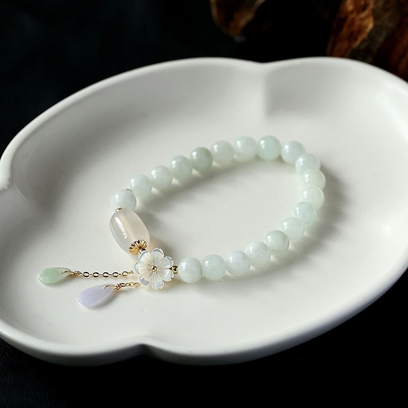 Natural Light Green Jade Bead Bracelet for Luck